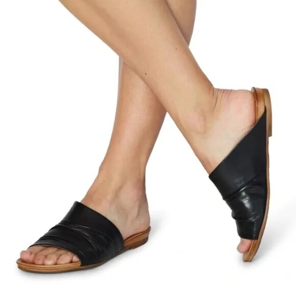 Miz Mooz Aria Leather Slides Sandal Black Soft Ruched Minimal Size 10 - Picture 1 of 8